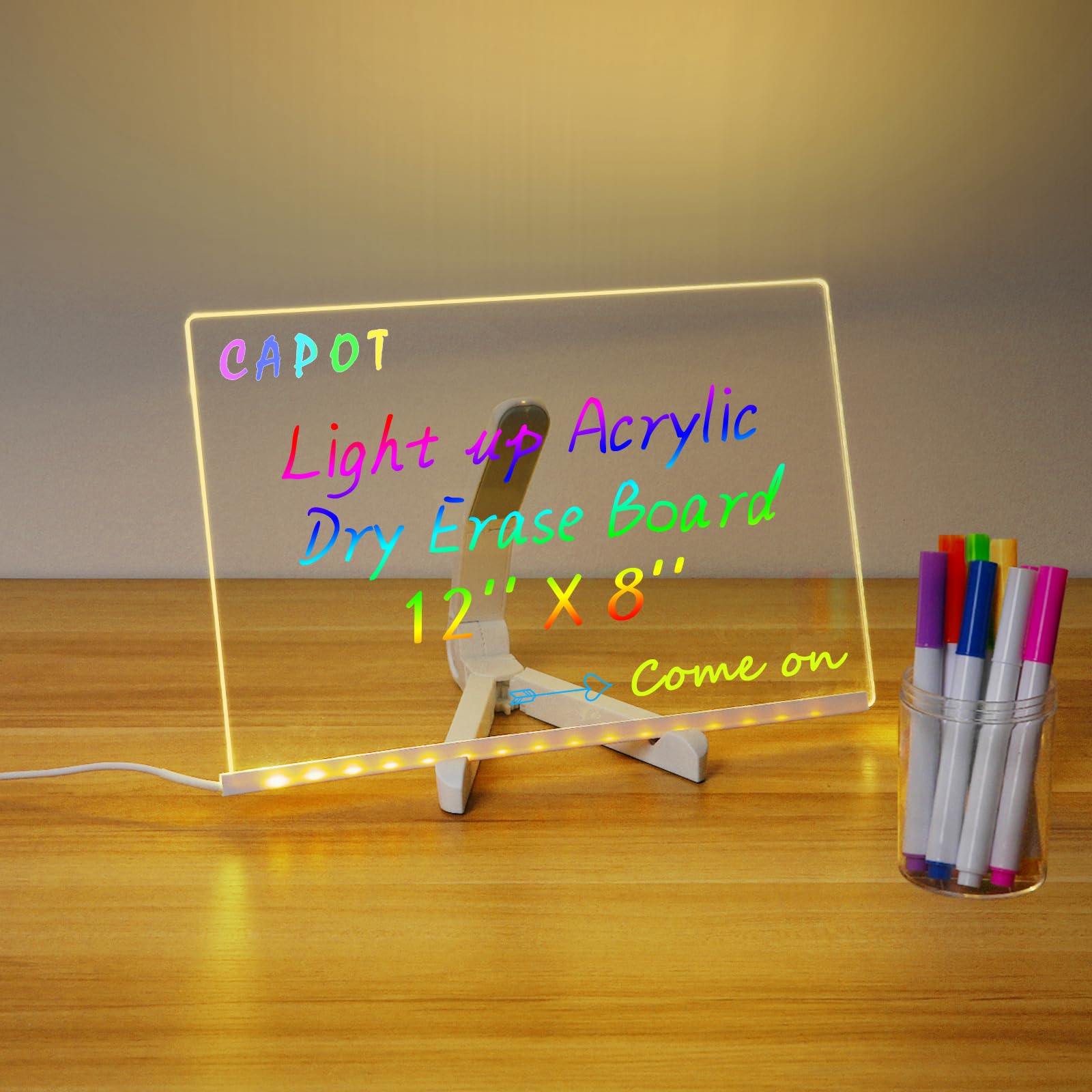 Dwiza LED Acrylic Writing Board | Rewritable Message Lamp with Stand & 14 Color Pens (20x20 CM) - Image 2