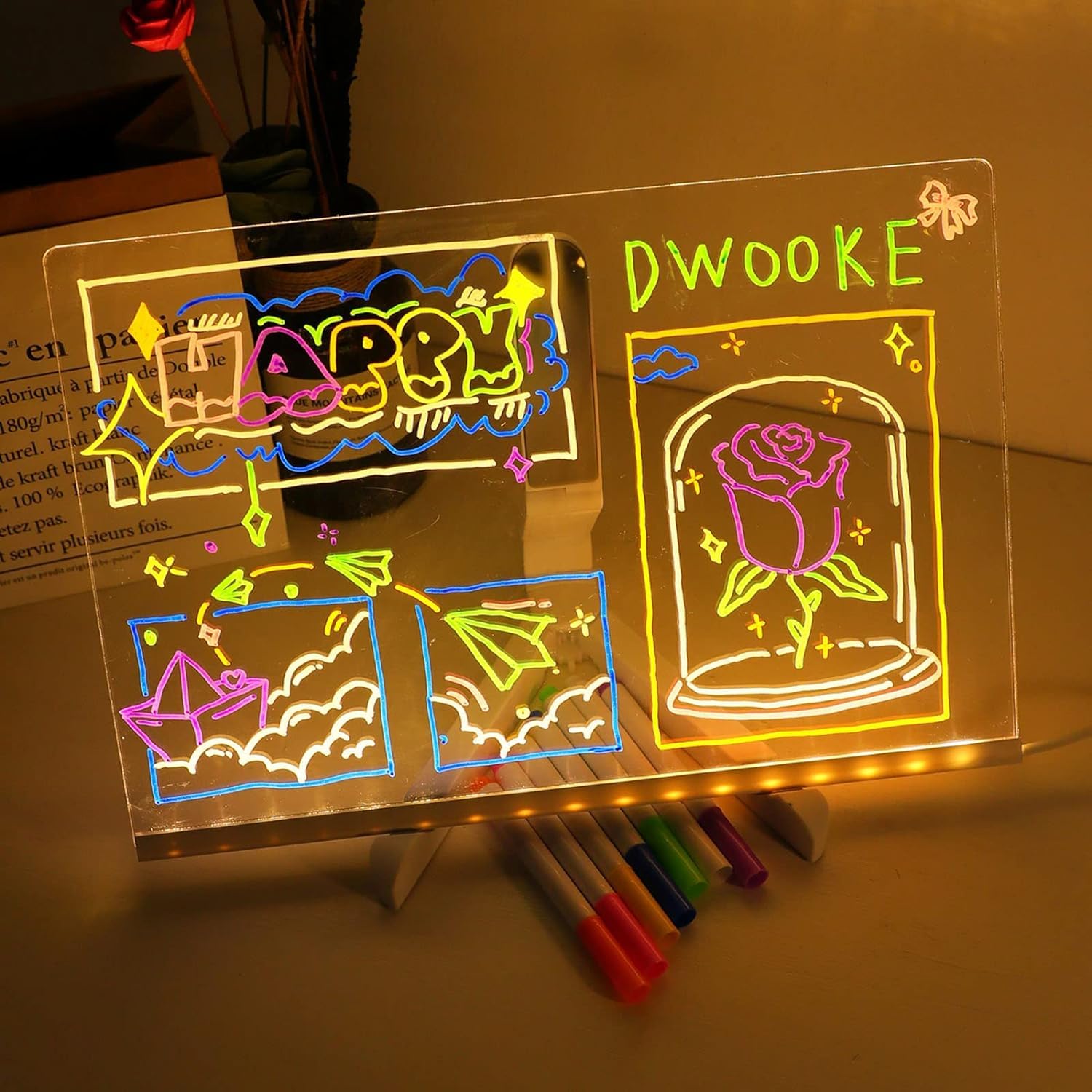 Dwiza LED Acrylic Writing Board | Rewritable Message Lamp with Stand & 14 Color Pens (20x20 CM) - Image 3