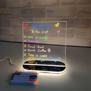 Dwiza LED Acrylic Writing Board | Rewritable Message Lamp with Stand & 14 Color Pens (20x20 CM)